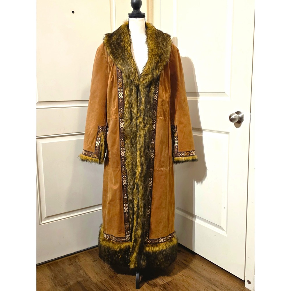 Vintage Gallery Suede Penny Lane Coat Faux Fur Trim Long Trench Boho Womens 1X
